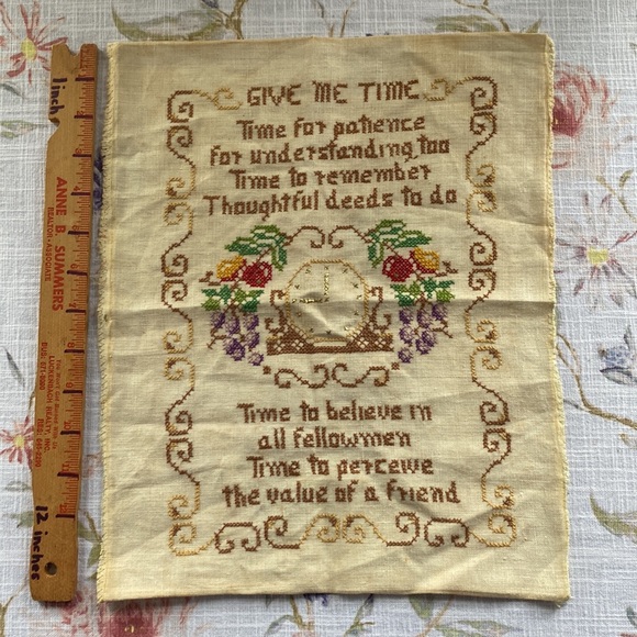 Antique vintage embroidery/stitchery give me time poem on the front with a clock - Picture 9 of 12